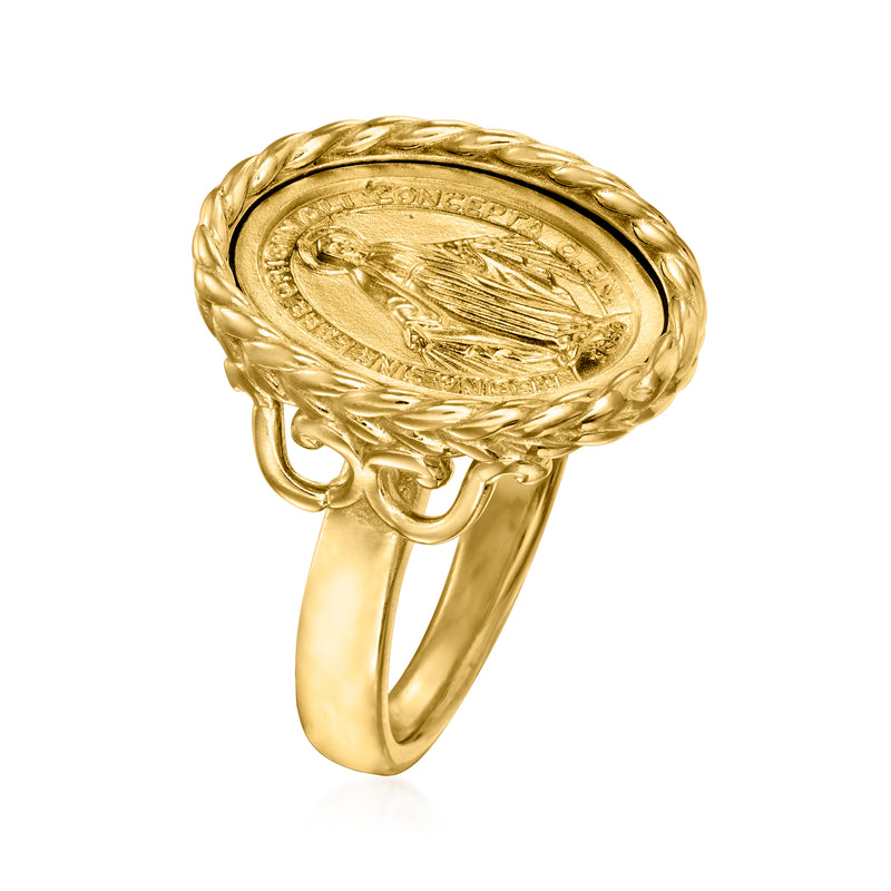 Gold-tone oval medal ring with braided bezel and raised medallion face