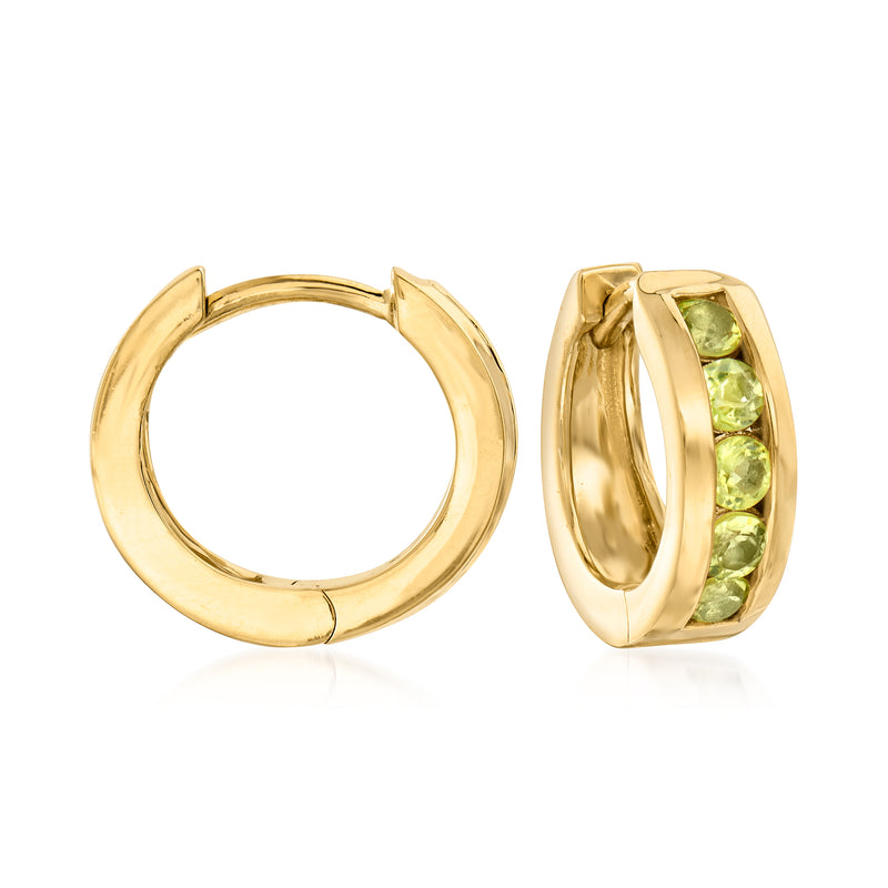 18kt gold over sterling peridot hoop earrings, green gemstone in hinged hoops