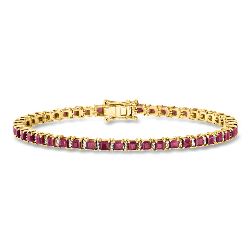 Ruby tennis bracelet with ruby stations and diamond accents, gold over sterling.