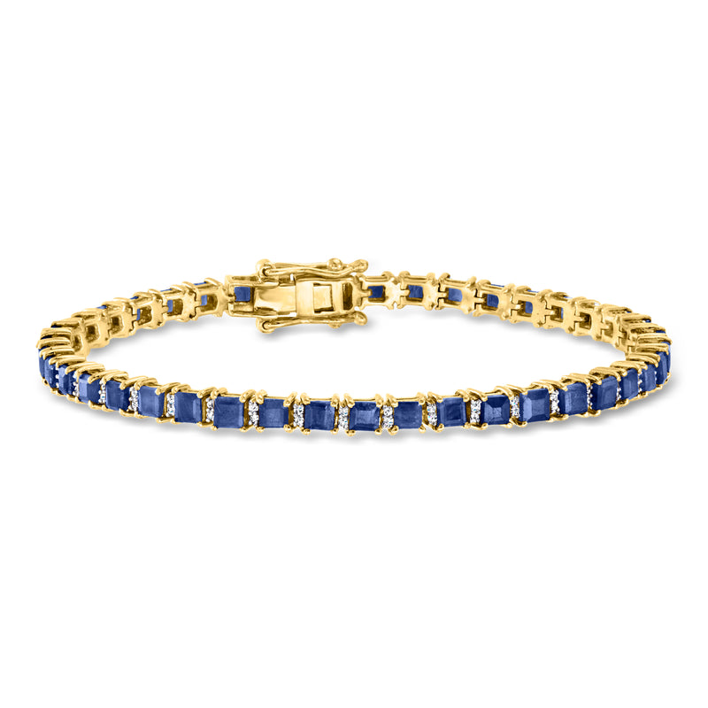 Blue sapphire tennis bracelet in 18kt gold over sterling with hinged clasp