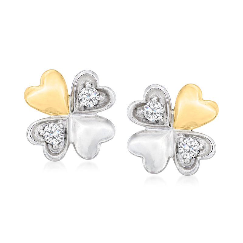 Four-leaf clover stud earrings with diamond accents in platinum and 14kt yellow gold