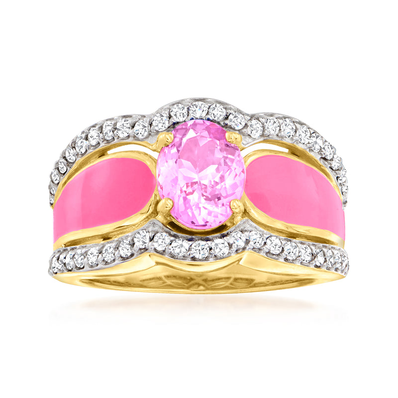 Gold ring with pink kunzite-style oval center, pink enamel, and white zircon halo