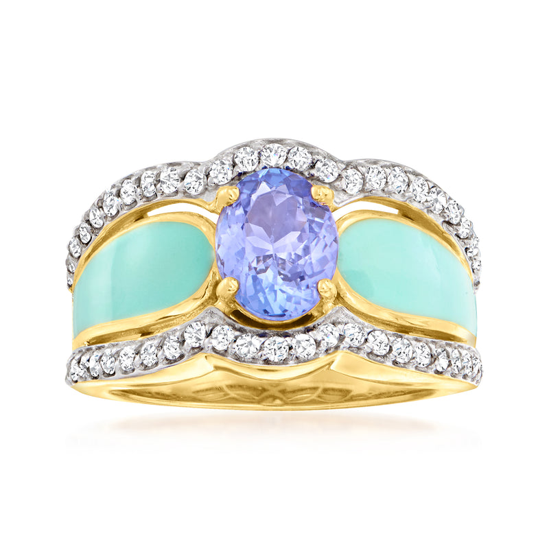 Gold over sterling ring with lavender center stone, white zircon accents, blue enamel side panels