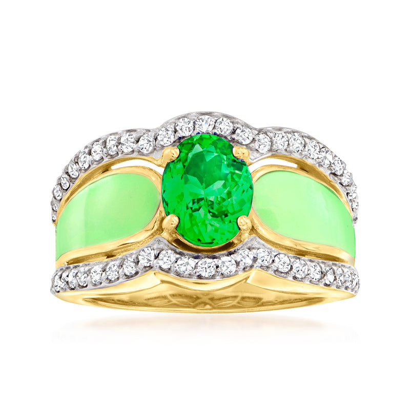 18kt gold over sterling ring with green enamel and oval green chrome diopside, framed by zircons