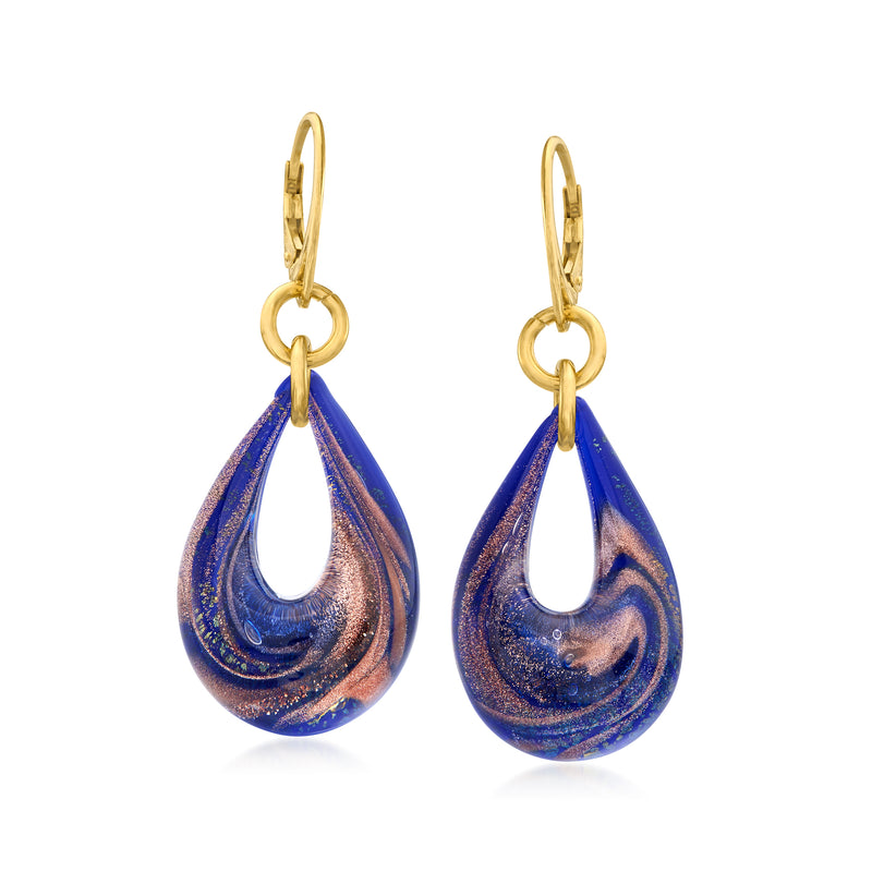 18kt gold over sterling leverback earrings with multicolored blue teardrop Murano glass drops