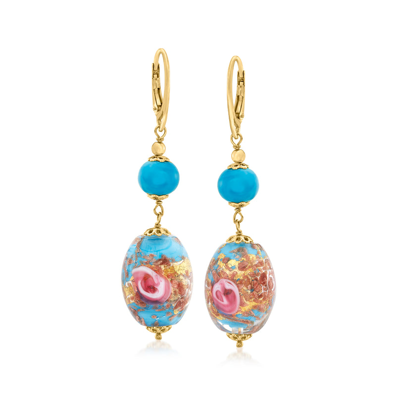 Murano glass bead drop earrings with blue bead and multicolor oval beads, gold leverbacks