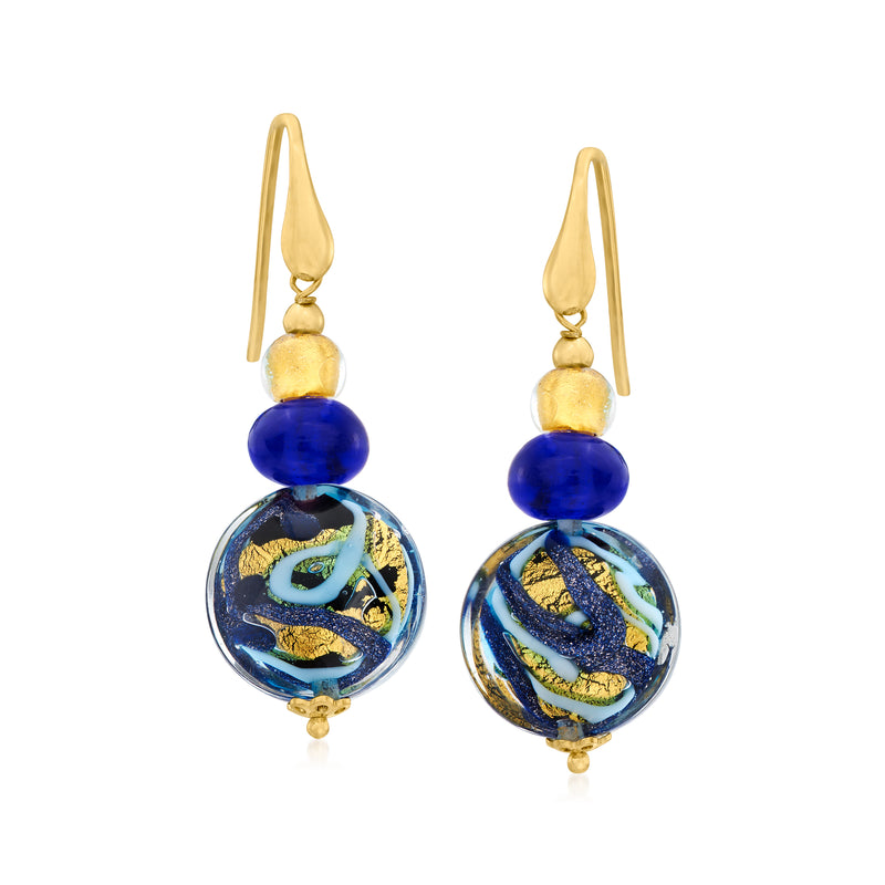Murano glass bead drop earrings with blue gold-tone earwires, multicolor round beads