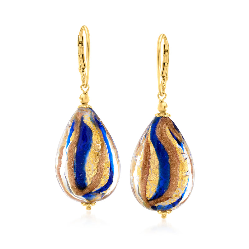Multicolored Murano glass teardrop bead earrings with gold leverback hooks