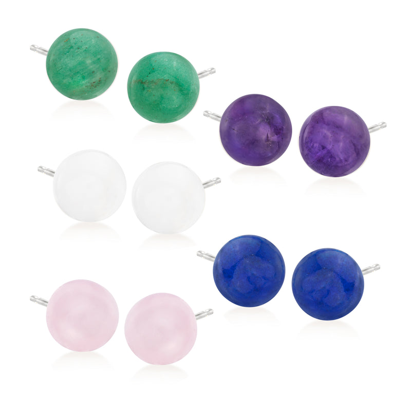 Sterling silver multi-gemstone stud earrings: green, purple, white, blue, pink pairs