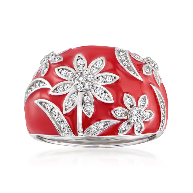 Sterling silver ring with red enamel and clear floral gemstone clusters