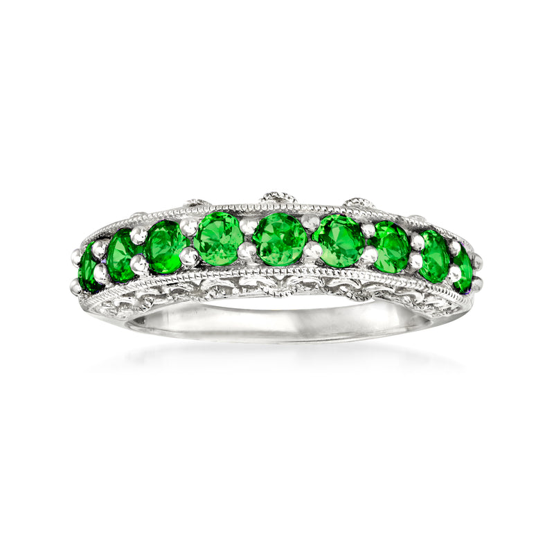 Sterling silver ring with green chrome diopside stones and openwork halo band
