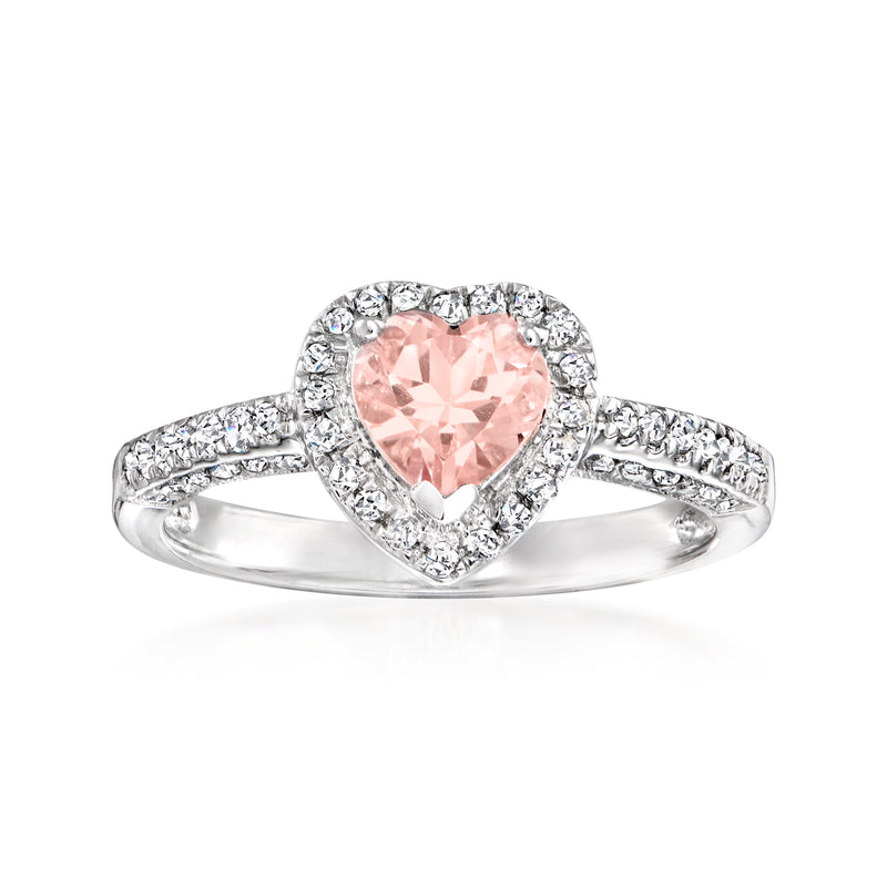 Sterling silver heart ring with pink morganite center and diamond halo accents