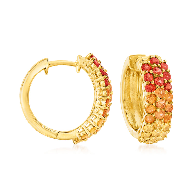 Multicolored sapphire hoop earrings in gold tone with red and peach stones
