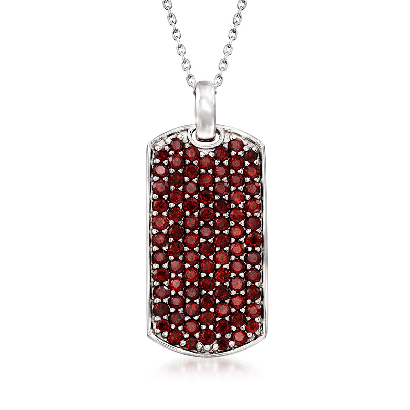 Sterling silver dog tag pendant necklace with red garnet stone face and chain