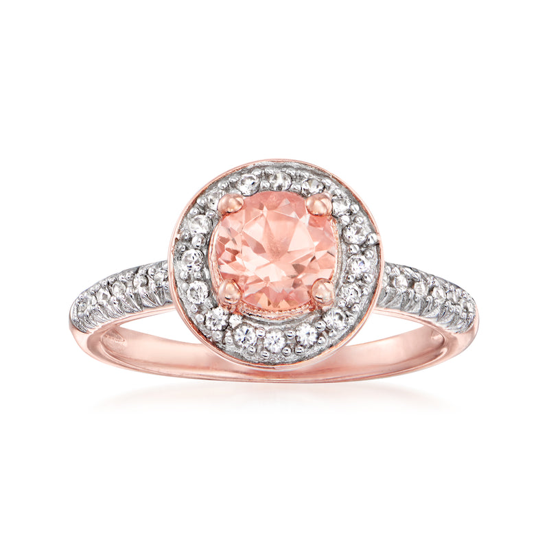 Rose gold morganite and white topaz halo ring with round center stone