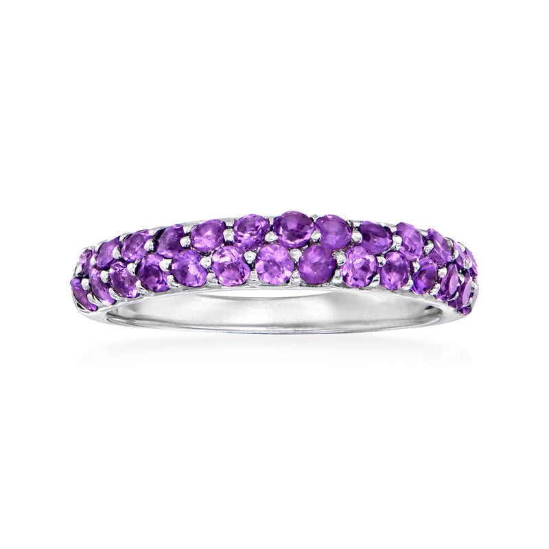 Amethyst and sterling silver ring with oval purple gemstones across the band