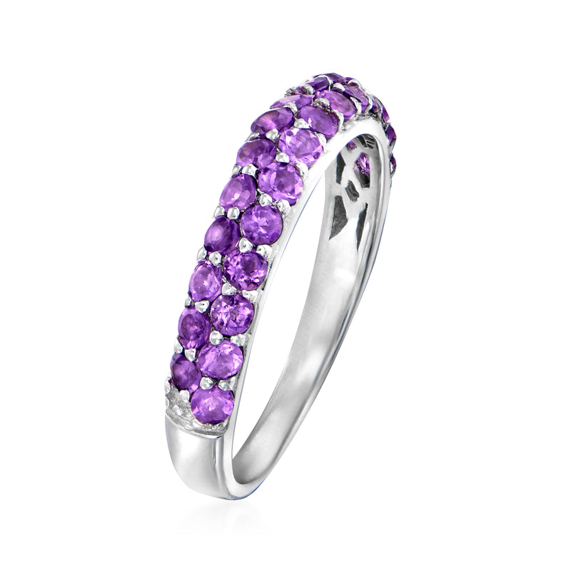 Sterling silver amethyst ring with purple gemstones in a curved row along the band