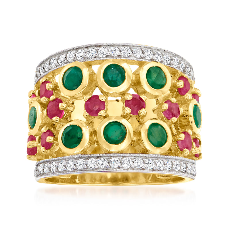 18kt gold ring with green emerald, red ruby, and white zircon accents
