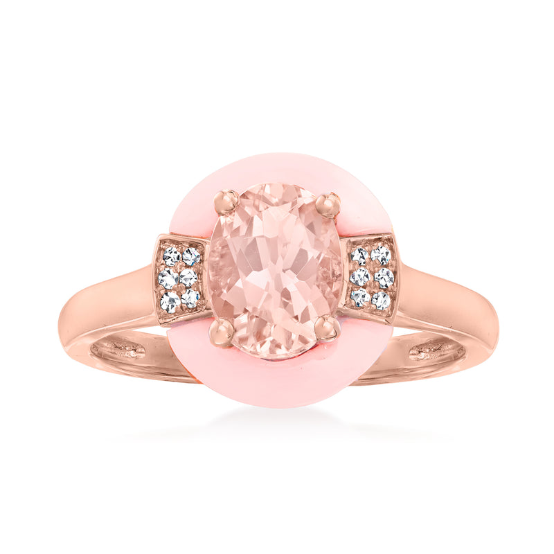 Oval pink gemstone ring in 14k rose gold with round white stones on shoulders