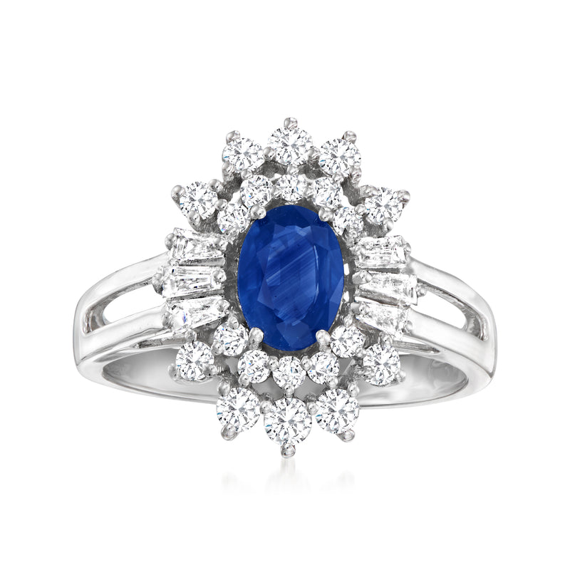 14kt white gold ring with oval blue sapphire center and diamond halo