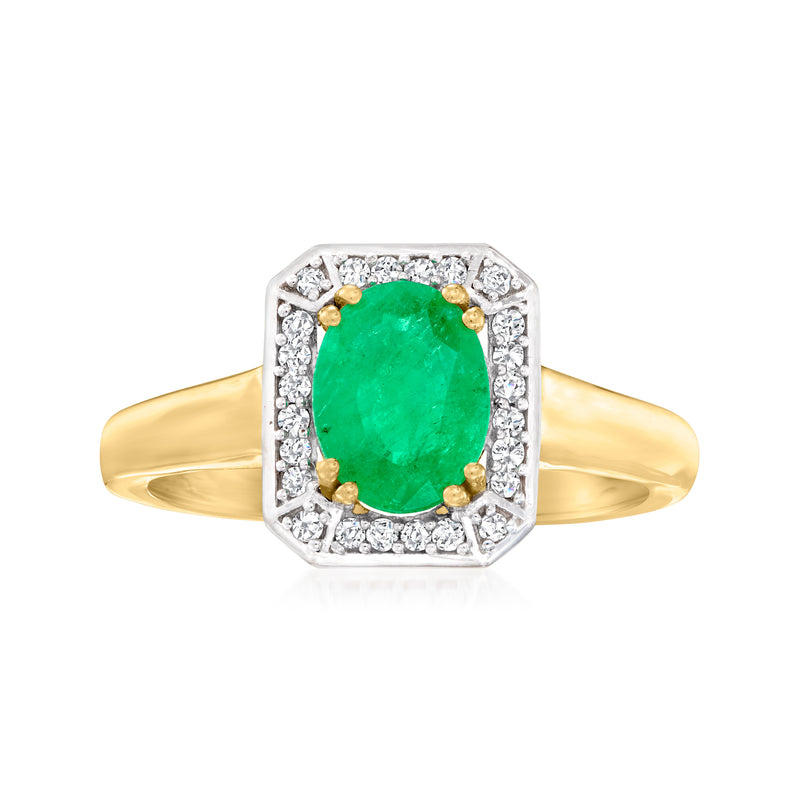 14kt yellow gold emerald and diamond ring with green oval center and diamond halo