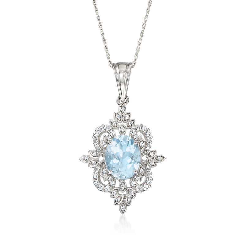 14kt white gold pendant necklace with round light-blue aquamarine and diamond halo