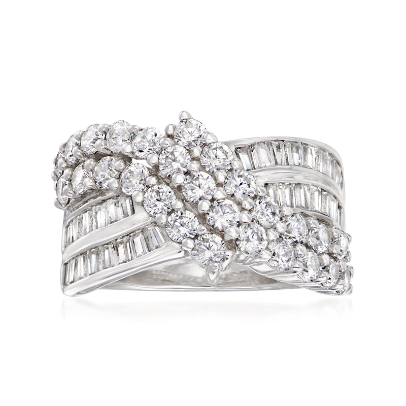Sterling silver crossover ring with round CZ stones and baguette pave bands