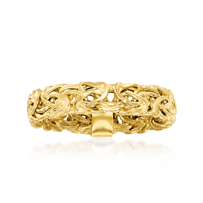 14kt yellow gold Byzantine ring with braided lattice band and center panel