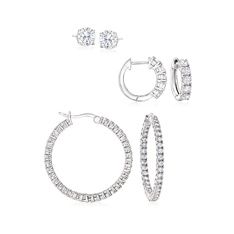Sterling silver CZ earring set: clear stone hoops and studs