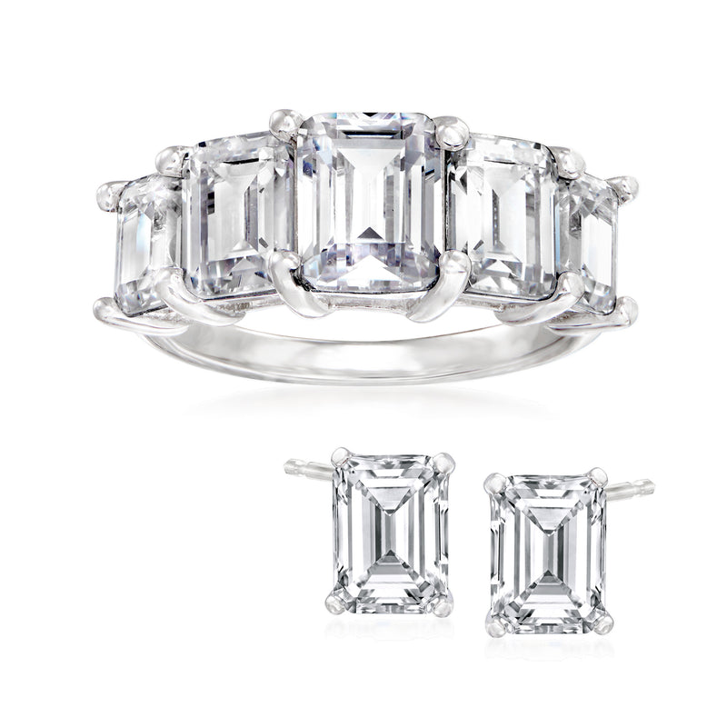 Sterling silver CZ jewelry set with emerald-cut ring and matching stud earrings, clear stones