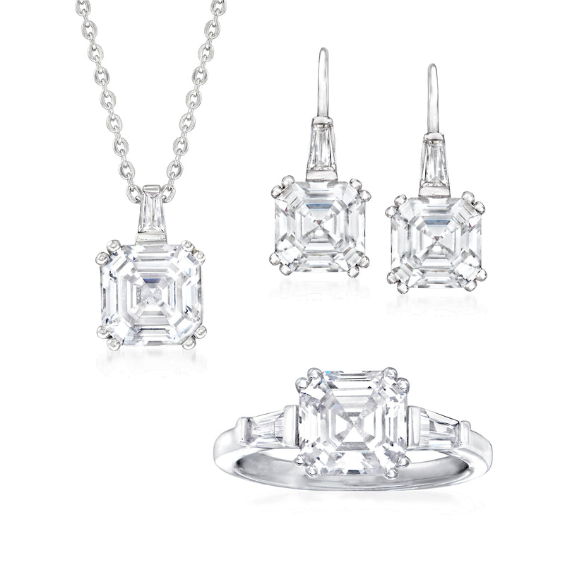 Sterling silver CZ jewelry set with square-cut pendant, drop earrings, and ring