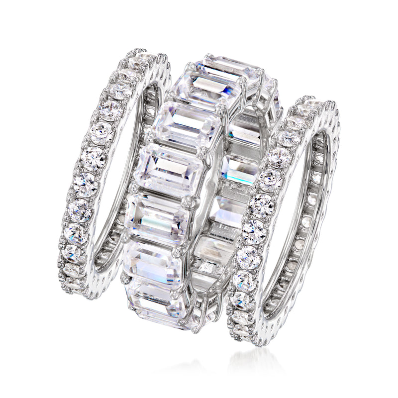 Three CZ eternity bands in sterling silver, shown at an angled side view