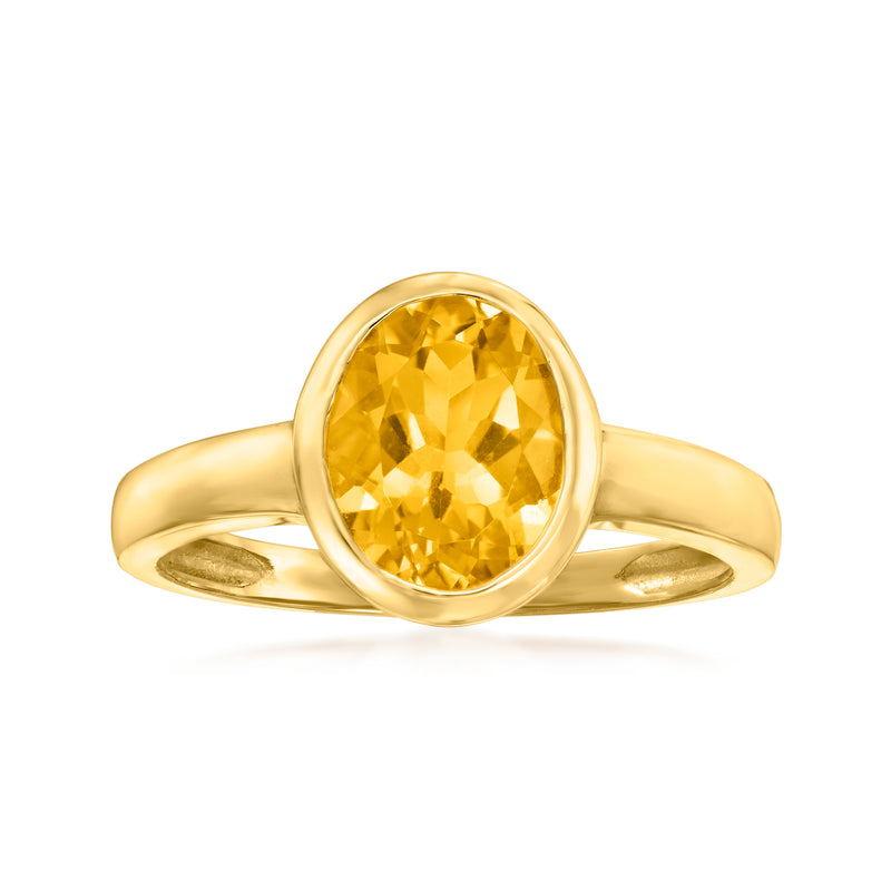 14kt yellow gold citrine ring with oval yellow gemstone, high-polish band