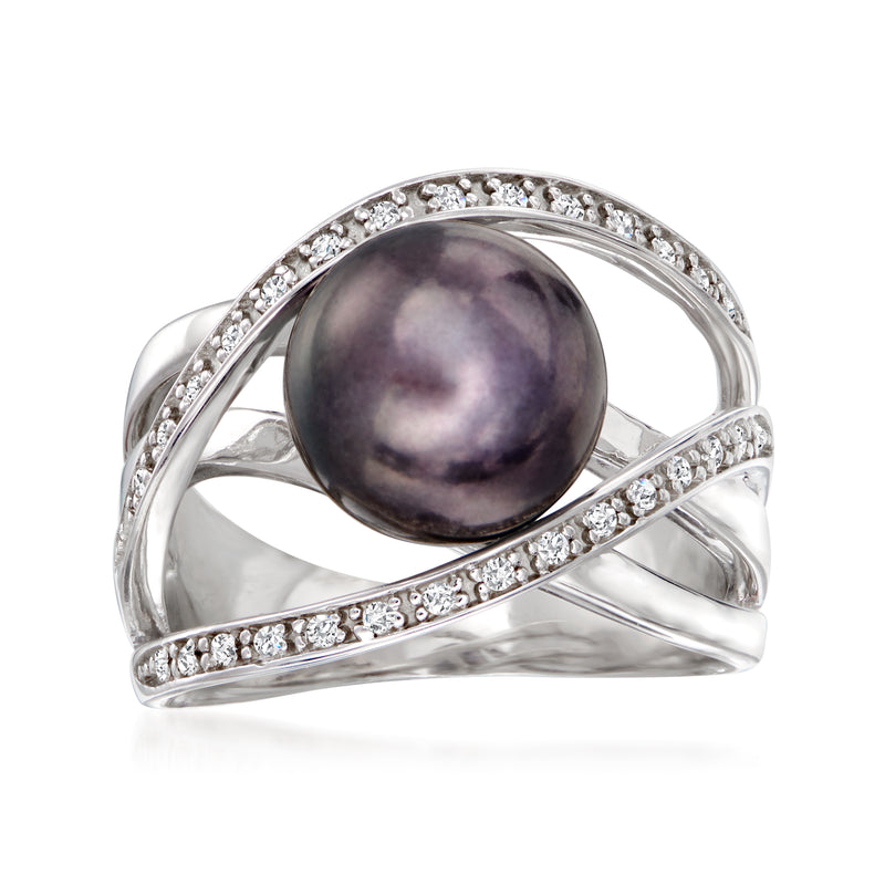 Sterling silver ring with dark round cultured pearl and sparkling pave zircon halo