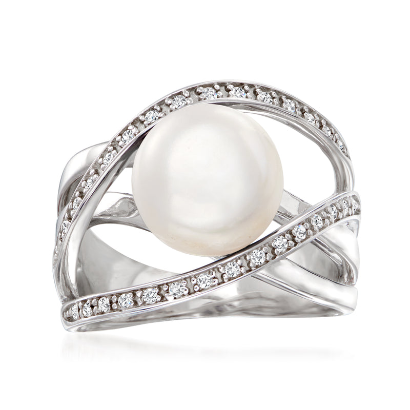 Cultured pearl and white zircon sterling silver ring