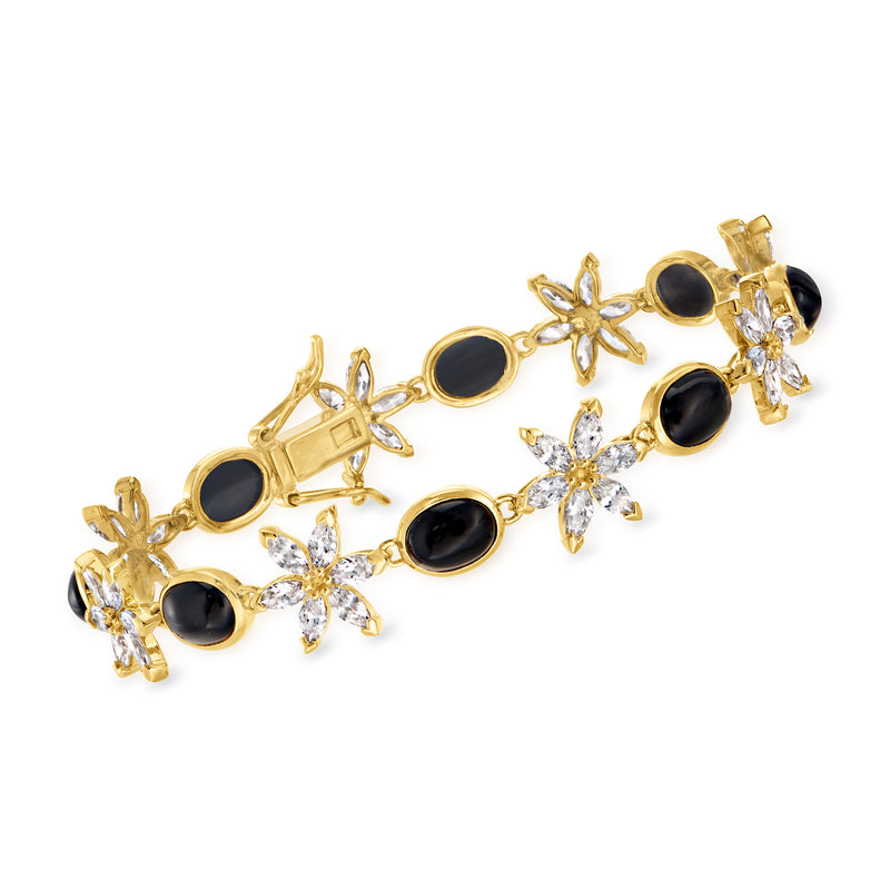 Gold over sterling link bracelet with black oval onyx and white topaz flower accents