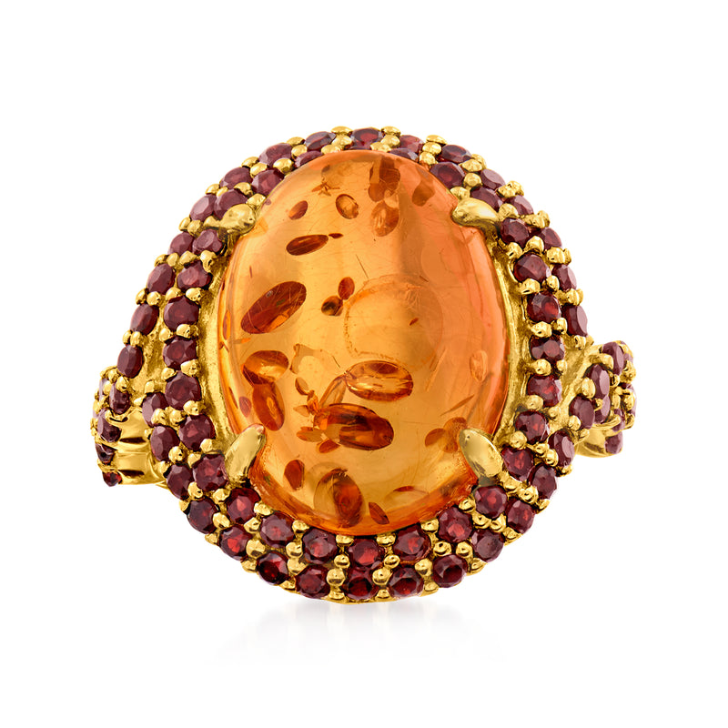 Oval amber gemstone ring with purple garnet halo in 18kt gold over sterling