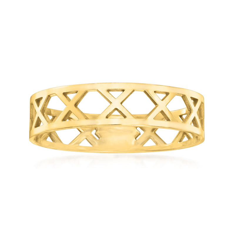14kt yellow gold geometric lattice pattern ring with oval openwork design