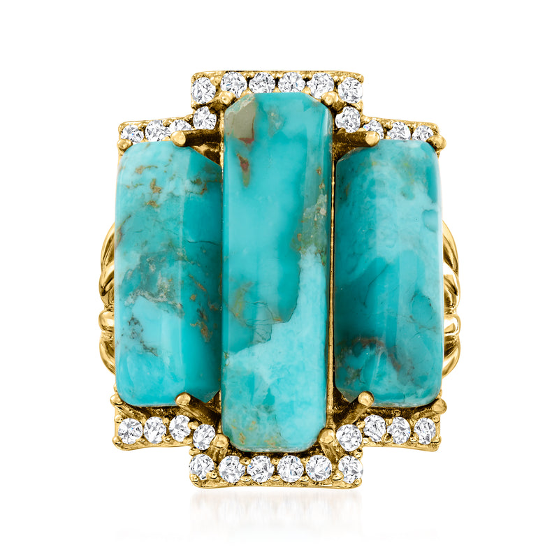 Turquoise rectangular gemstone ring with gold-tone settings and white round stones