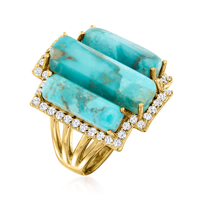 Turquoise baguette-style gemstone ring with gold-tone frame and white round accent stones