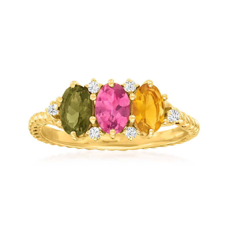 14kt yellow gold ring with multicolored tourmaline and white zircon accents, oval stones