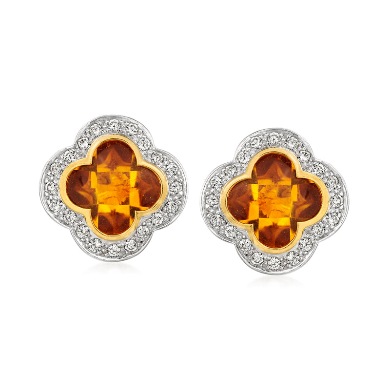 Clover stud earrings with orange citrine center and diamond halo, post backs.