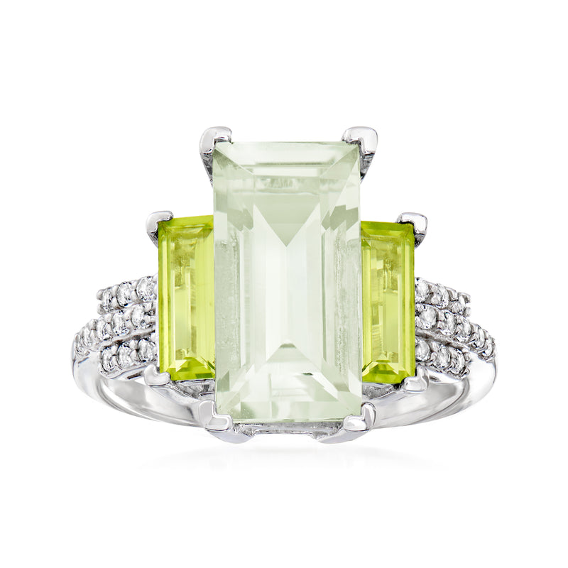 Sterling silver ring with large pale-green prasiolite center and peridot side stones, topaz accents