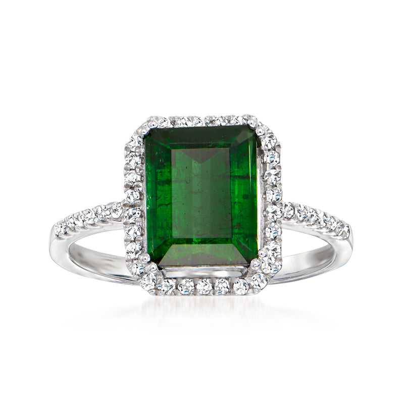 14kt white gold ring with emerald-cut green tourmaline and diamond halo