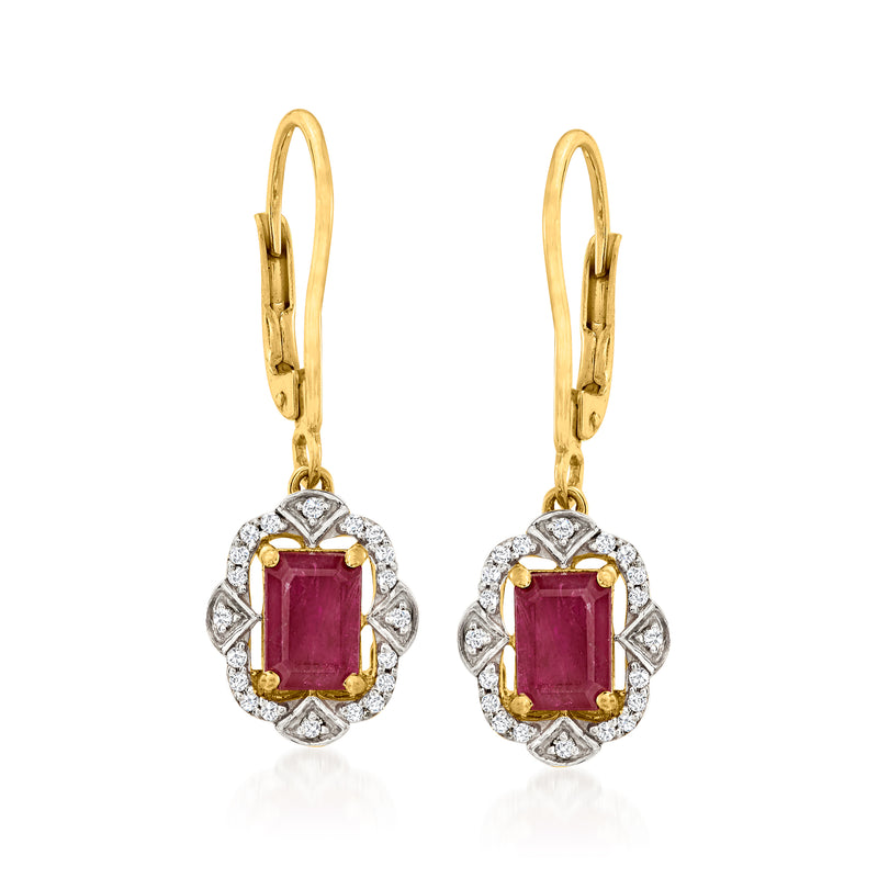 14kt yellow gold ruby and diamond drop leverback earrings with square ruby center halo
