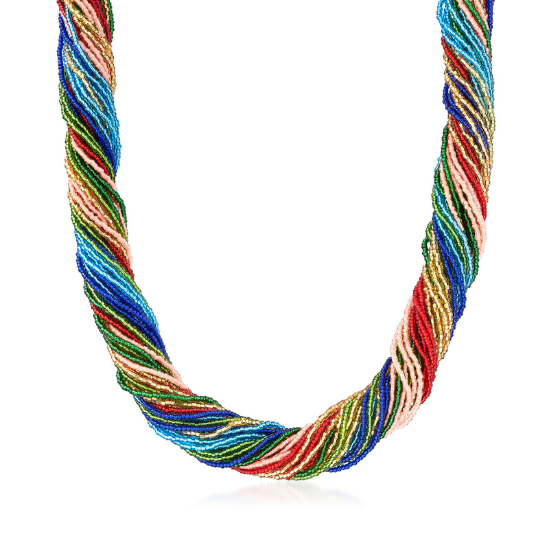 Multicolored Murano bead torsade necklace with gold clasp and braided strands
