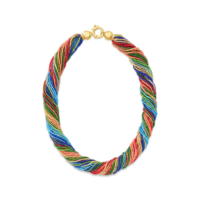Multicolored Murano bead torsade necklace with gold round clasp