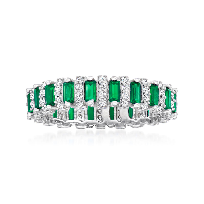 Sterling silver eternity band with alternating emerald-green simulated stones and clear CZ