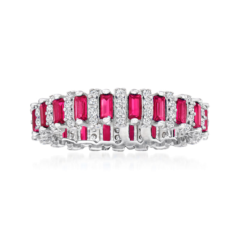 Sterling silver eternity band with red simulated ruby and clear CZ accents, prong-set rows