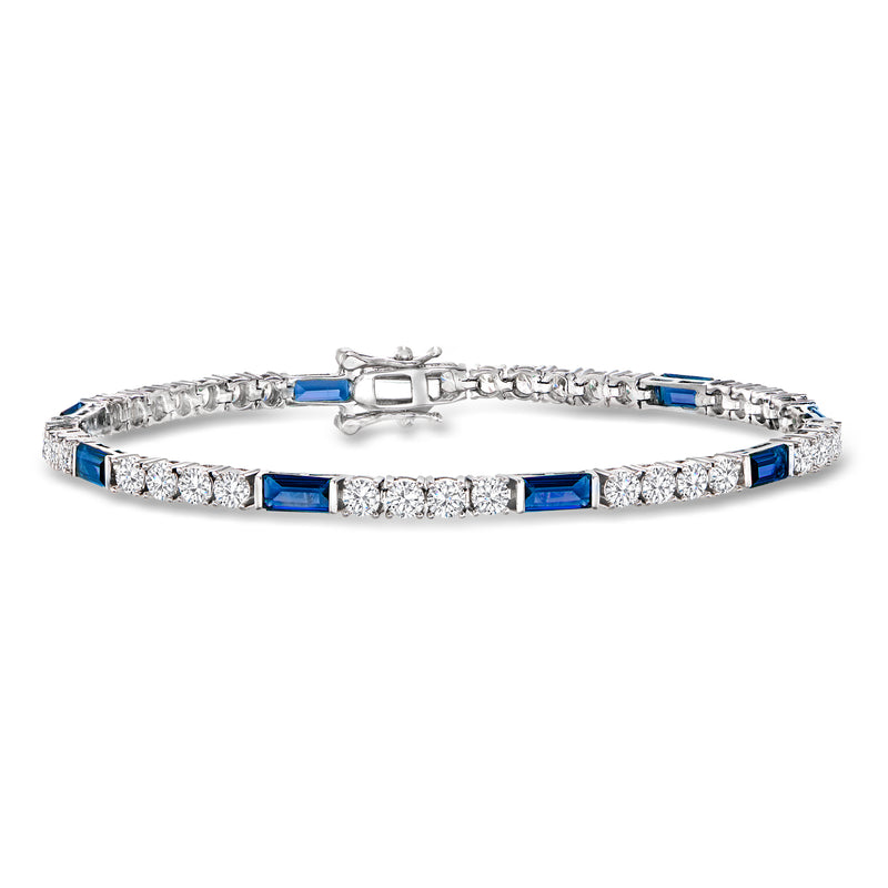 Sterling silver tennis bracelet with blue simulated sapphire-look stones and clear CZ accents